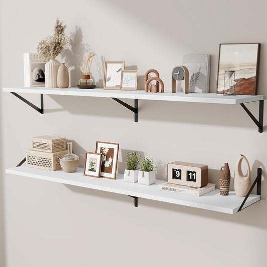 Acovy Deep Floating Shelves,55" Wx10 D Wood Wall Shelves Set of 2,Long Wood Floating Shelf with Metal Brackets,Floating Bookshelf for Living Room,Kitchen,Office,Bedroom,Decor Storage,White