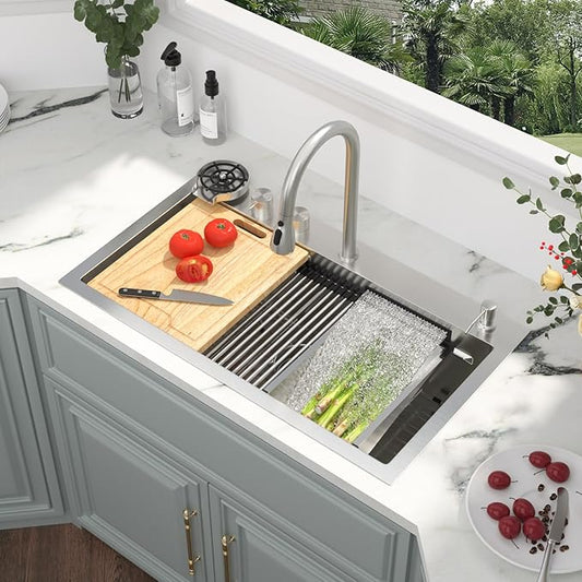 Kichae Drop In Kitchen Sink Waterfall - 33x19 Workstation Kitchen Sink Waterfall Stainless Steel 16 Gauge Luxury Handmade Single Bowl Drop Sinks with Glass Rinser