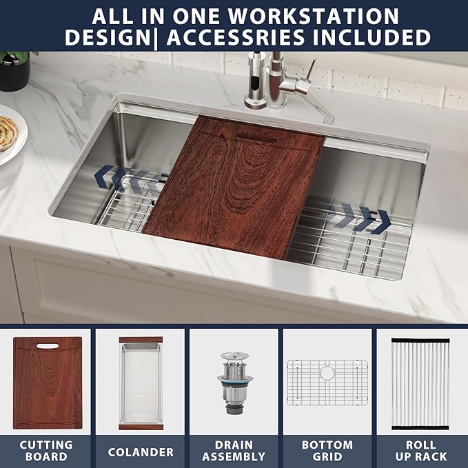 30 Inch Undermount Kitchen Sink -30x19 Undermount Ledge Workstation Sinks 16 Gauge T304 Stainless Steel Single Bowl Under Counter Kitchen Sinks Basin