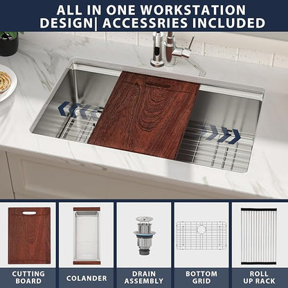 30 Inch Undermount Kitchen Sink -30x19 Undermount Ledge Workstation Sinks 16 Gauge T304 Stainless Steel Single Bowl Under Counter Kitchen Sinks Basin