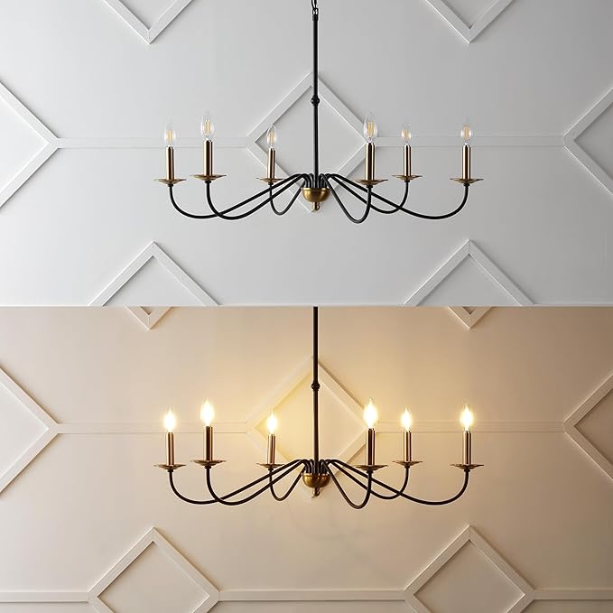 JONATHAN Y 34.75" Brass Gold/Black 6-Light Bohemian Farmhouse Iron Chandelier, Rustic Candle-Style LED Hanging Light for Dining Room Kitchen Island Entryway Foyer (JYL7559C)