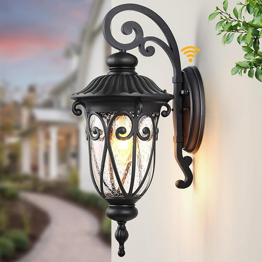 VIANIS Large Outdoor Wall Lights Dusk to Dawn, Black Outside Lights for House, Waterproof Outdoor Light Fixture for Porch, Entryway, Garden, Seed Tempered Glass, Vintage Style