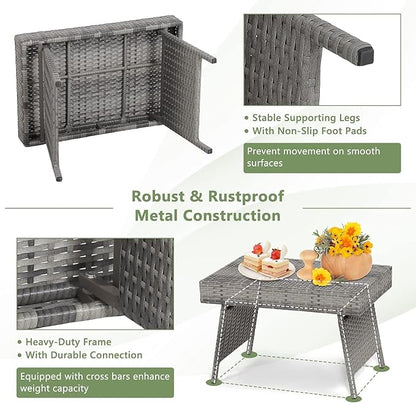 ReunionG Outdoor Patio Wicker Table, Portable Folding Table with Rattan and Steel Frame, Leisure Coffee Table, All Weather Standing Side Table for Lawn Garden, Courtyard, Poolside (Grey)