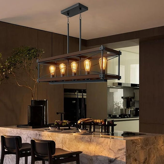 Farmhouse Kitchen Island Lighting, 5-Light Solid Wood 31.5” Dining Room Pendant Light Fixtures, Rustic Chandelier with Adjustable Height for Dining Room Kitchen Bar Pool Table, Walnut Color