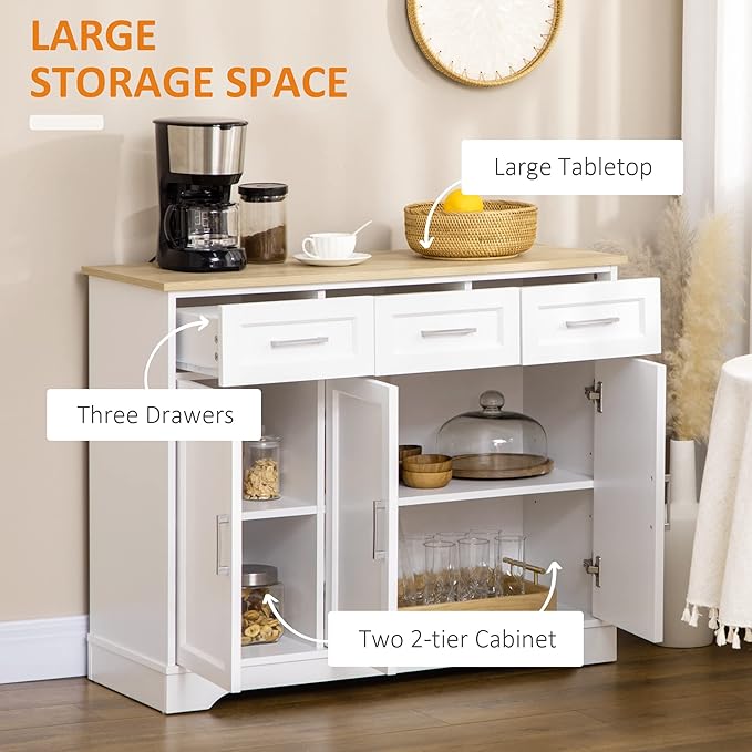 HOMCOM Sideboard Buffet Cabinet with 3 Storage Drawers, Kitchen Cabinet Coffee Bar with Adjustable Shelf for Living Room, White