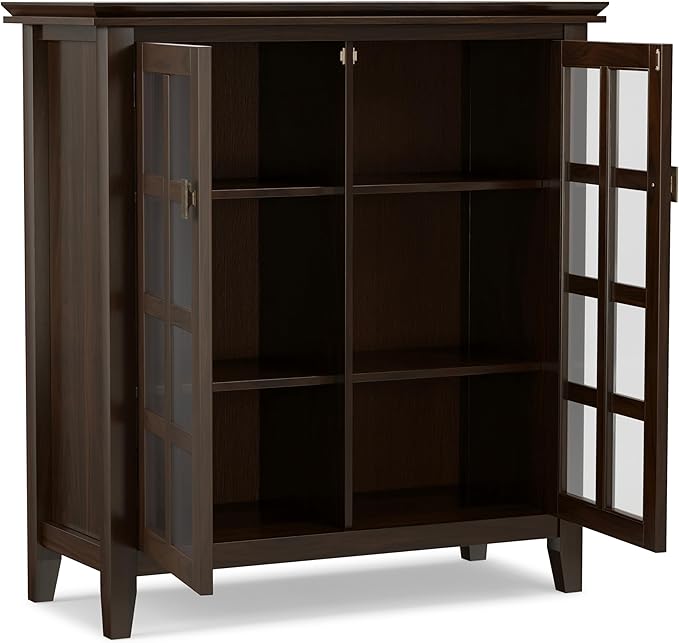 SIMPLIHOME Artisan Storage Cabinet - 38 inch Wide Solid Wood Medium Cabinet in Tobacco Brown, Transitional Accent Cabinet for Living Room or Dining Room with Glass Doors and Adjustable Shelves