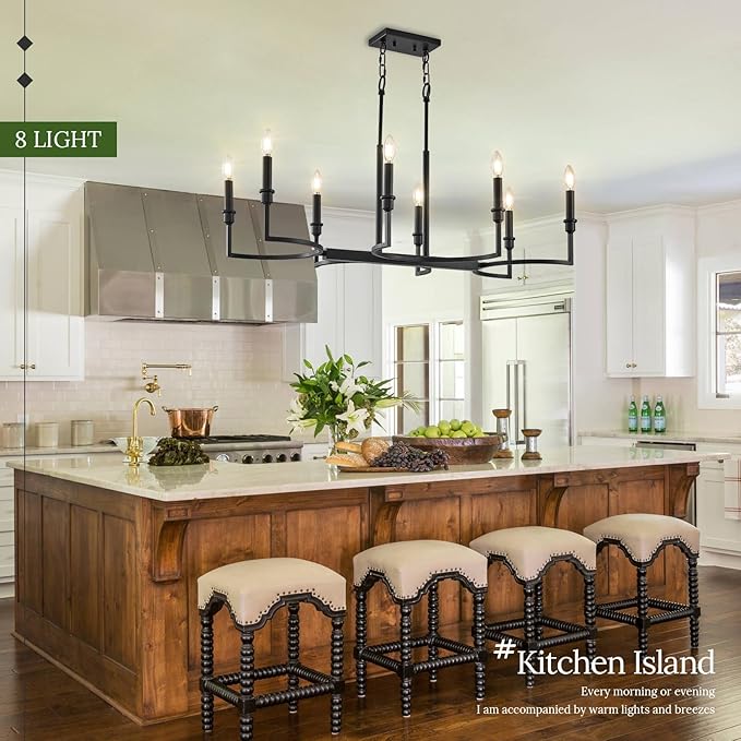 8-Light Black Chandelier Rectangular Dining Room Chandelier Over Table Metal Candle Chandelier Light Fixture Retro Black Island Lighting 37in