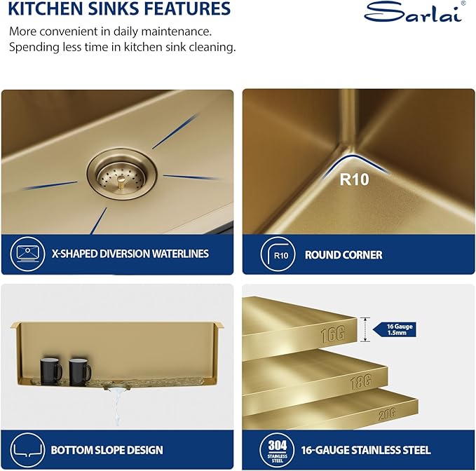 Sarlai 32 Inch Gold Undermount Kitchen Sink - 32 x 19 Inch Kitchen Sink Undermount Gold Stainless Steel Single Bowl Under-Mount 16 Gauge Sinks Under Counter Round Corner Basin