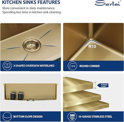 Sarlai 32 Inch Gold Undermount Kitchen Sink - 32 x 19 Inch Kitchen Sink Undermount Gold Stainless Steel Single Bowl Under-Mount 16 Gauge Sinks Under Counter Round Corner Basin