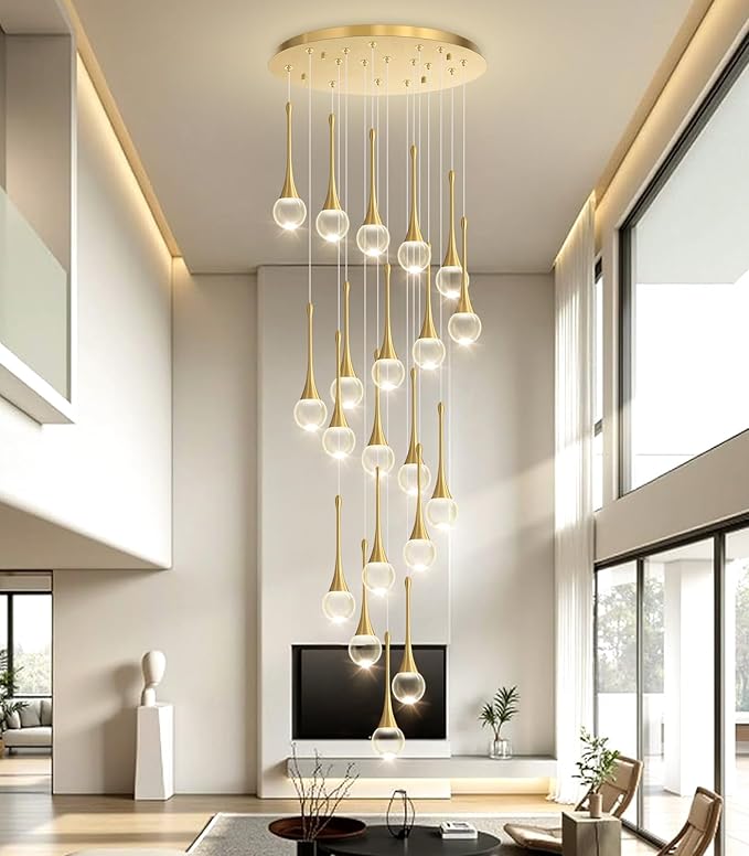 20 Light Crystal Chandelier for High Ceiling Dimmable LED Pendant Lights with Remote Adjustable Chandeliers for Staircase Foyer Living Room Gold