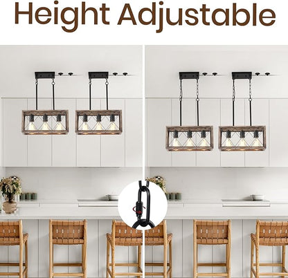 Plug in Pendant Light，3-Light Dining Room Light Fixture Over Table,Plug in Chandelier for Kitchen Sink，Farmhouse Metal Kitchen Pendant Lighting Over Island, Wood Grain Finish.