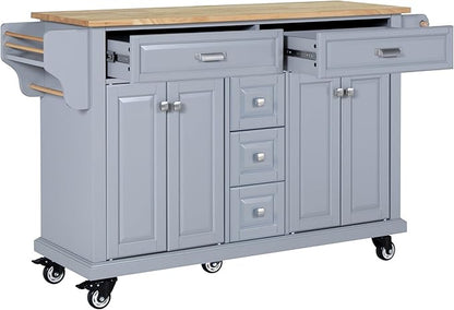 GOWE Kitchen Island with Rubber Wood Countertop, Kitchen Cart on 5 Wheels with Storage Cabinet and 5 Drawers for Dinning Room, Grey