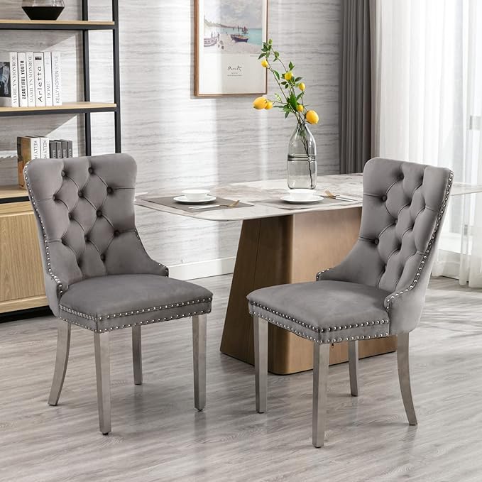 Ball & Cast Contemporary Upholstered Dining Chairs Set of 2, Velvet Button Tufted Kitchen Side-Chairs with Hang Ring & Nailhead Trims & Chrome Solid Wood Legs, 2-Piece Traditional Chair, Chrome+Gray