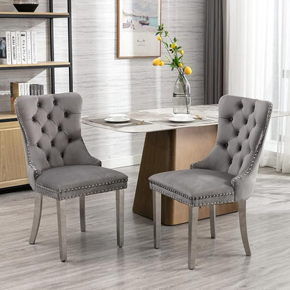 Ball & Cast Contemporary Upholstered Dining Chairs Set of 2, Velvet Button Tufted Kitchen Side-Chairs with Hang Ring & Nailhead Trims & Chrome Solid Wood Legs, 2-Piece Traditional Chair, Chrome+Gray