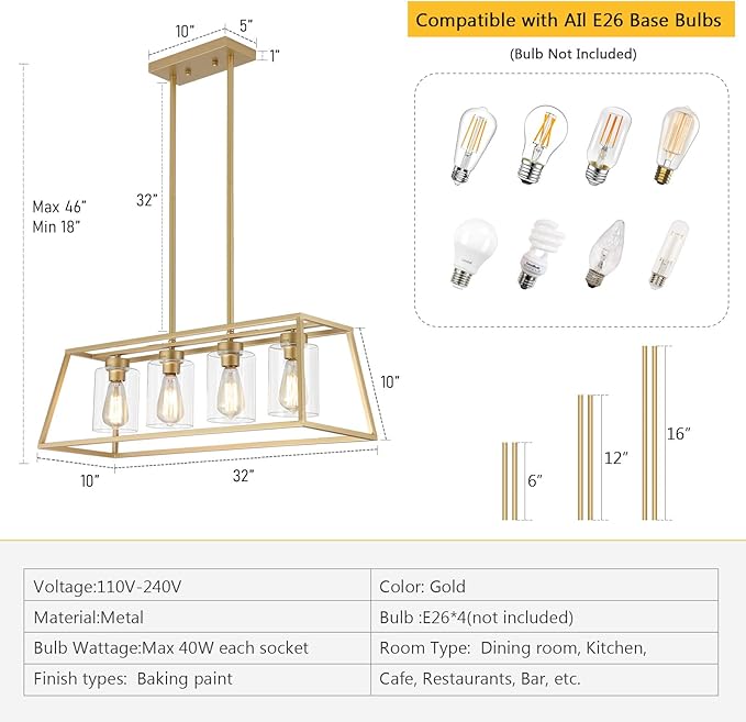 4-Light Gold Chandeliers for Dining Room | Modern Kitchen Island Light Fixture | Rectangle Chandelier for with Clear Glass Shade | Apply to Dining Room Light fixtures Over Table