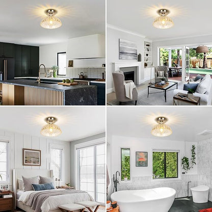 JYZ Semi Flush Mount Ceiling Light, Brushed Nickel Ceiling Light Fixture with Ribbed Glass Shade, Vintage Light fixtures for Hallway, Entryway, Bathroom, Kitchen, Bedroom
