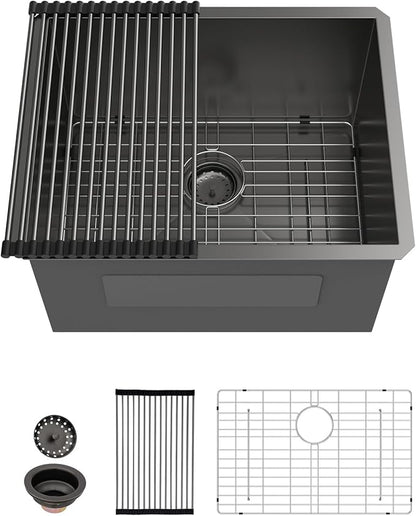Sarlai Black Undermount Laundry Sink 24 Inch - 13 Inch Deep Undermount Laundry Utility Gunmetal Black Sink Single Bowl Kitchen Sinks 16 Gauge Stainless Steel Laundry Tub Sinks Basin 24"x19"x13"