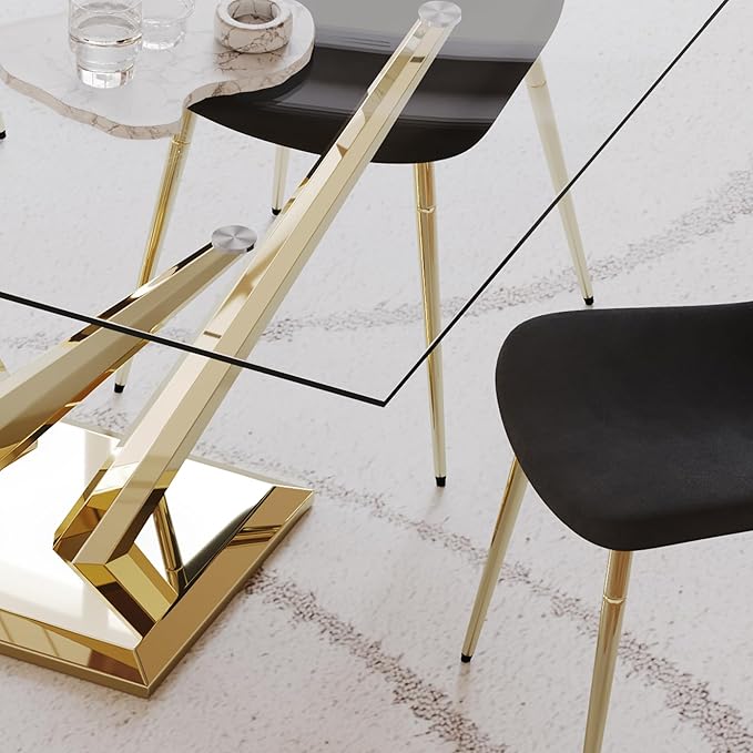 Luxury Gold Glass Dining Table for 4-6 Modern 63-Inch Rectangular Kitchen & Dining Room Table with Double V-Shape Stainless Steel Base Large Clear Glass Top Dining Table for Home Office