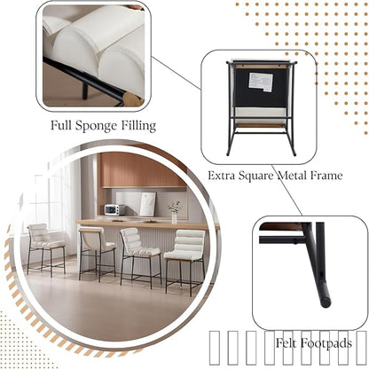 White Pu Leather Bar stools Set of 4, 25” Modern Upholstered Counter stools with Black Metal Legs, Armless Counter Height Chairs with Channel Tufted Back for Kitchen Island Home Pub