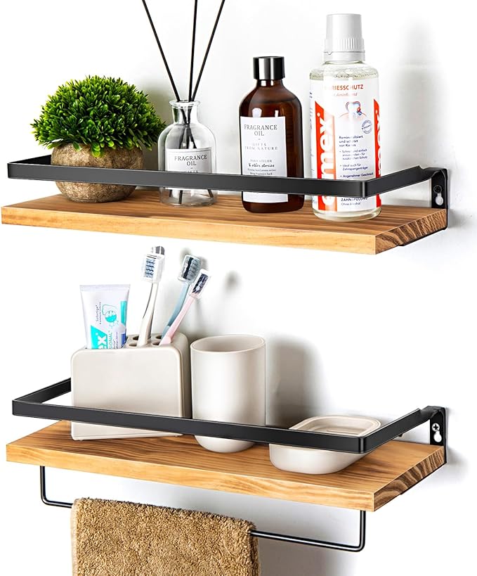 Floating Shelves for Wall, Bathroom Shelves with Towel Bar, Wall Mounted Storage Shelves for Kitchen, Bathroom, Set of 2 Carbonized Black