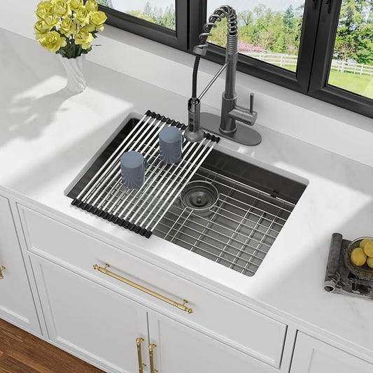Kichae 27 Inch Black Undermount Kitchen Sink 27” x18” x5” Kitchen Sink Stainless Steel 16 Gauge Shallow Kitchen Sink Round Corner Handmade Basin