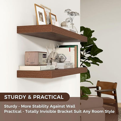 Venusmiles Floating Shelves for Wall, Engineered Wood Wall Shelves with Invisible Brackets for Living Room Bedroom Bathroom Office Kitchen Decor and Storage (Walnut, 48" W x 9" D x 1.5" H) Set of 2