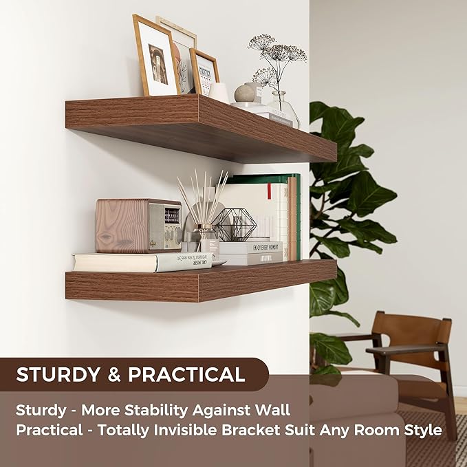 Venusmiles Floating Shelves for Wall, Engineered Wood Wall Shelves with Invisible Brackets for Living Room Bedroom Bathroom Office Kitchen Decor and Storage (Walnut, 36" W x 9" D x 1.5" H) Set of 2
