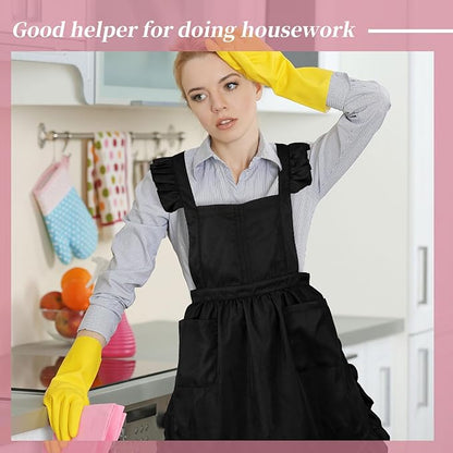 Geyoga Aprons for Women with Pockets Kitchen Cooking Waitress Maid Apron Vintage Skirt Cute Ruffle Dress Costume(Black,Long Style)