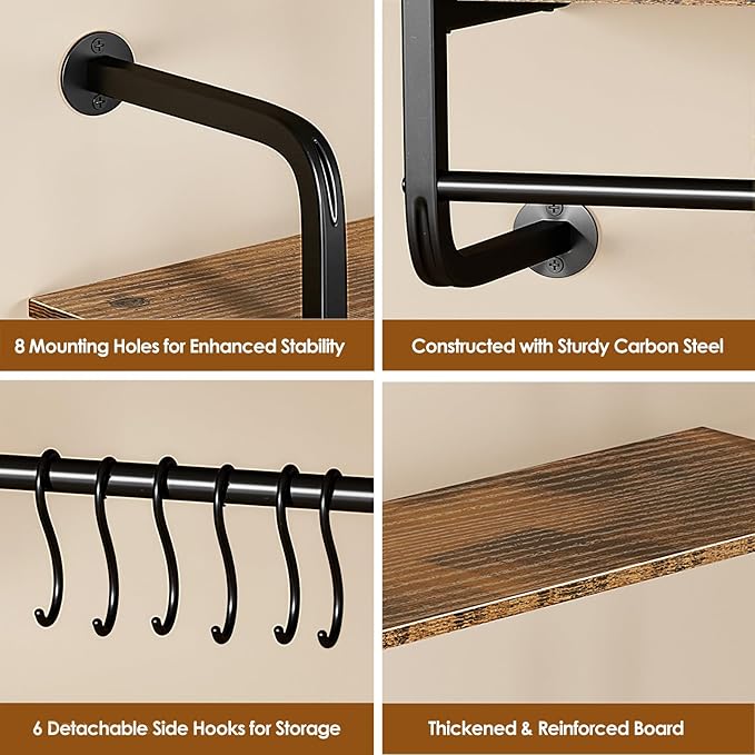 3 Tier Industrial Pipe Floating Shelf, 24" Kitchen Wall Shelves with Towel Bar & 6 Hooks, Coffee Bar Shelves Display Bookshelf Wall Shelf for Kitchen, Bathroom, Home Décor, Rustic Brown