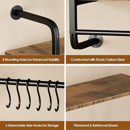 3 Tier Industrial Pipe Floating Shelf, 24" Kitchen Wall Shelves with Towel Bar & 6 Hooks, Coffee Bar Shelves Display Bookshelf Wall Shelf for Kitchen, Bathroom, Home Décor, Rustic Brown