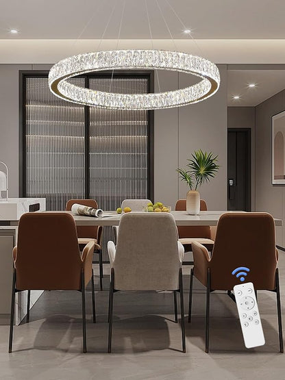 Modern LED Dimmable Crystal Chandelier 39.4" Ring Pendant Light Adjustable Gold Round Crystal Chandelier Light Fixtures for Dining Room Living Room