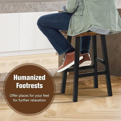ERGOMASTER Wooden Backless Saddle Barstools Set of 4, 29-inch Bar Height Rustic Bar Stools with Rubber Wood Frame & Footrest for Kitchen Island, Dining Room, Pub