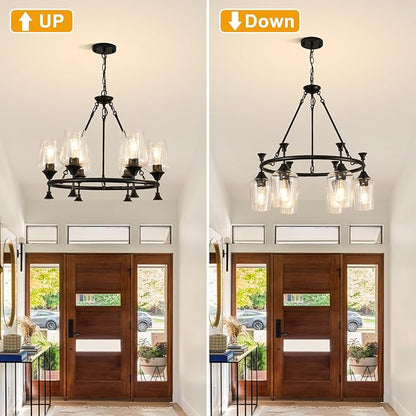 25" Farmhouse Chandelier, 6-Light Modern Black Dining Room Light Fixture Over Table with Clear Wine Glass Glass Shade, Industrial Hanging Pendant Lights Fixture for Kitchen Island Living Room Foyer