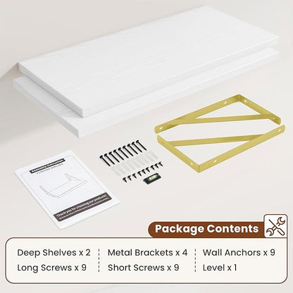 Deep Wall Shelves 30"W x 12"D Engineered Wood Floating Shelves for Wall, Sturdy Metal Bracket(Gold) Bookshelves Home Decor Storage for Living Room Bedroom Bathroom Kitchen, Set of 2, White Finish