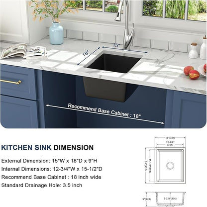 Lordear 15 Black Bar Sink Composite Granite - 15x18 Inch Black Undermount Sinks Small Granite Composite Quartz RV Wet Bar Camper Mobile Home Sink Basin