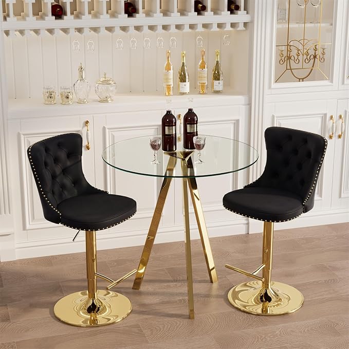 yeag 31.5'' Modern Round Glass Bar Table Set for 2, Luxury Gold Bistro Pub Table & 2 Adjustable Metal Bar Stools Velvet Swivel Counter Height Stools (Gold Metal Legs, Clear Top + Black Chair)