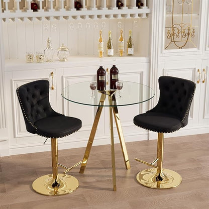 yeag 31.5'' Modern Round Glass Bar Table Set for 2, Luxury Gold Bistro Pub Table & 2 Adjustable Metal Bar Stools Velvet Swivel Counter Height Stools (Gold Metal Legs, Clear Top + Black Chair)