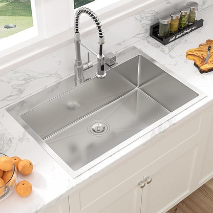 Sarlai 33 Kitchen Sink Drop In - 33 x 22 Inch Kitchen Sink Drop In Stainless Steel Topmount 16 Gauge Deep Single Bowl Above Counter Sinks Basin