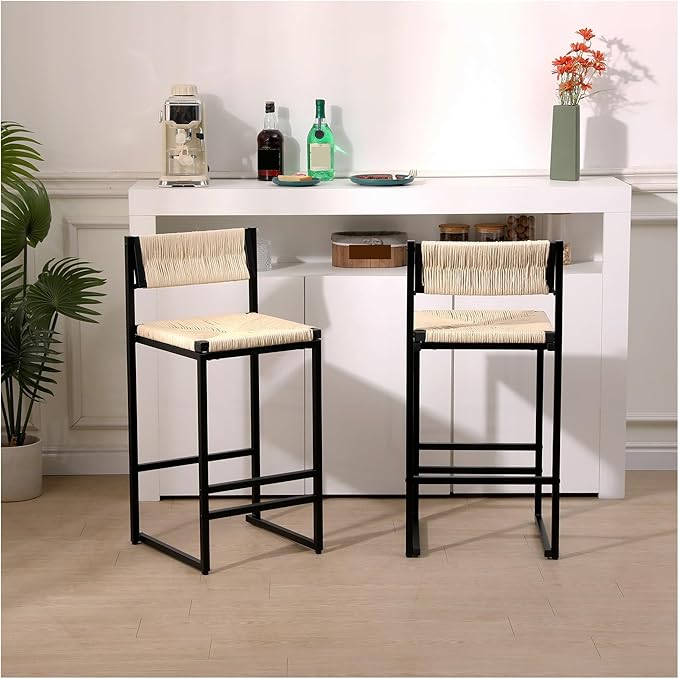 Creamy White，Honey，Gray Paper Rope Woven Stools Set of 2 Hand Weave Counter Chairs with Footrest for Kitchen Island, Dining Room