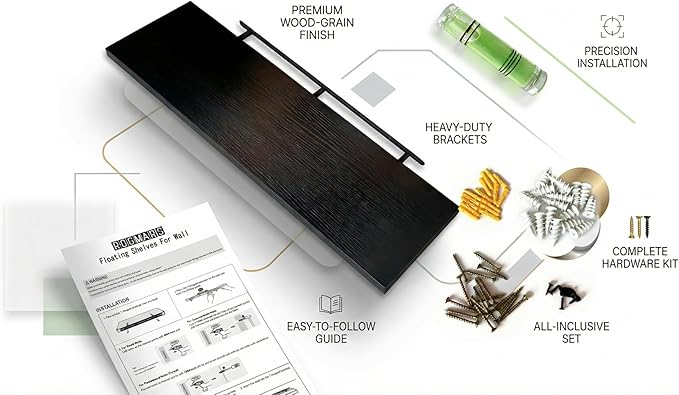 ROGMARS Black Floating Shelves for Wall,36 inch Rustic Wooden Floating Wall Mounted Book Shelves with Invisible Brackets for Living Room, Bedroom, Kitchen, Bathroom,Set of 3