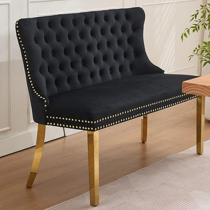 45.6in Upholstered Dining Bench, Mid-Century Modern Kitchen Room Bench with Tufted Back and Metal Legs, Velvet Small Sofa Couch Bench, Black