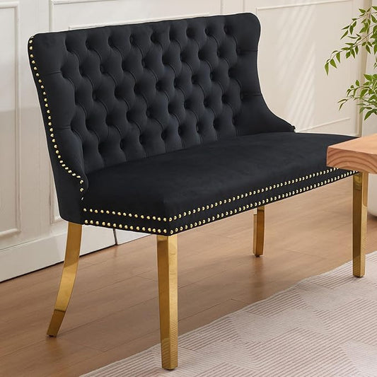 45.6in Upholstered Dining Bench, Mid-Century Modern Kitchen Room Bench with Tufted Back and Metal Legs, Velvet Small Sofa Couch Bench, Black