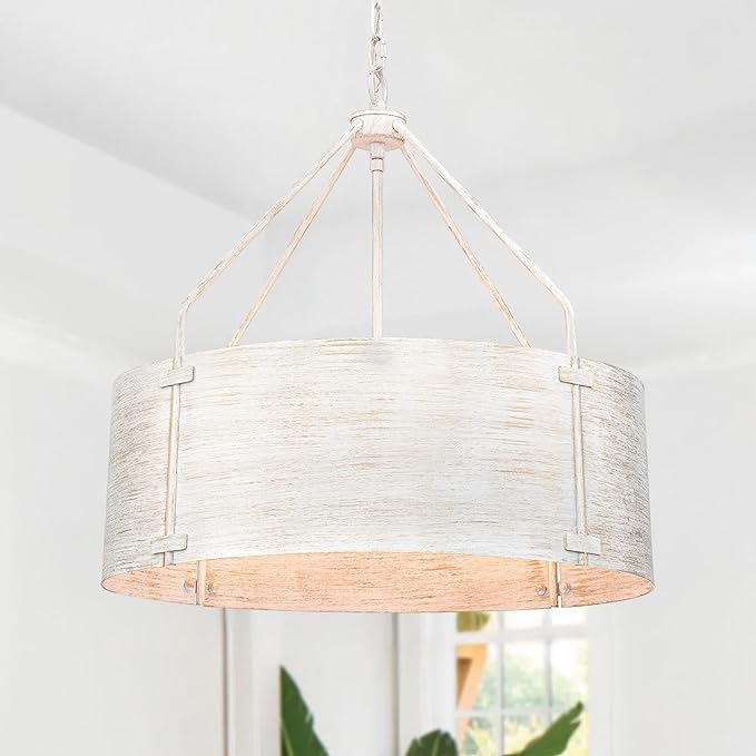 Drum Chandeliers for Dining Room,22" Distressed White Metal Dining Room Light Fixture Over Table, Industrial Vintage Rustic French Pendant Light for Kitchen,Entryway,Living Room