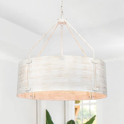 Drum Chandeliers for Dining Room,22" Distressed White Metal Dining Room Light Fixture Over Table, Industrial Vintage Rustic French Pendant Light for Kitchen,Entryway,Living Room