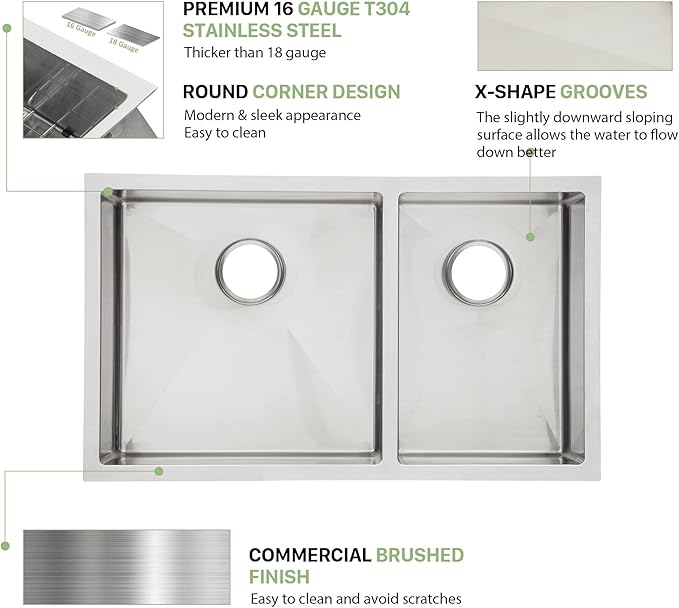 33 Undermount Double Bowl Kitchen Sink - Beslend 33x19x10 Inch Double Sink Stainless Steel Undermount Sinks 16 Gauge 60/40 Double Bowl Sinks