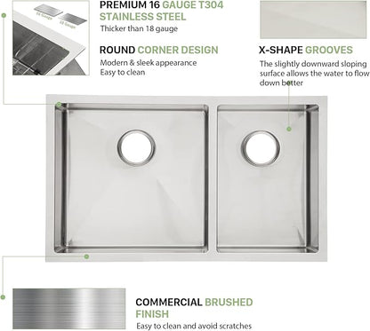33 Undermount Double Bowl Kitchen Sink - Beslend 33x19x10 Inch Double Sink Stainless Steel Undermount Sinks 16 Gauge 60/40 Double Bowl Sinks