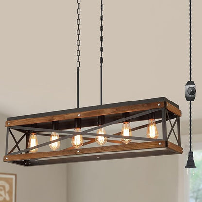 Rustic Farmhouse Plug in Kitchen Island Lighting, 6 Lights Rectangular Pendant Light Fixture with Adjustable Chain, Dimmable Switch, Oak Wood and Metal Linear Chandelier for Dining Room Home, Black