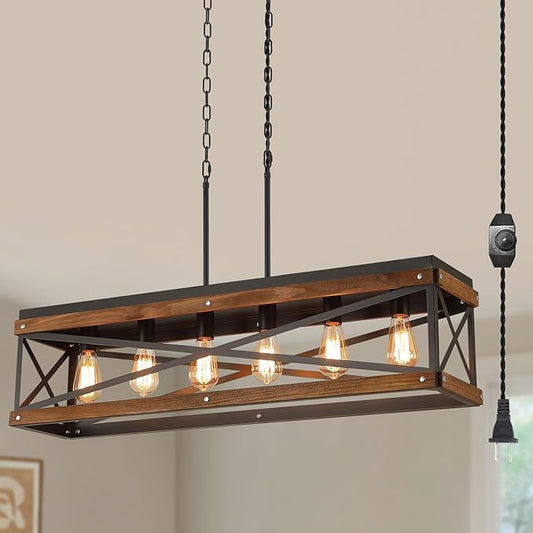 Rustic Farmhouse Plug in Kitchen Island Lighting, 6 Lights Rectangular Pendant Light Fixture with Adjustable Chain, Dimmable Switch, Oak Wood and Metal Linear Chandelier for Dining Room Home, Black