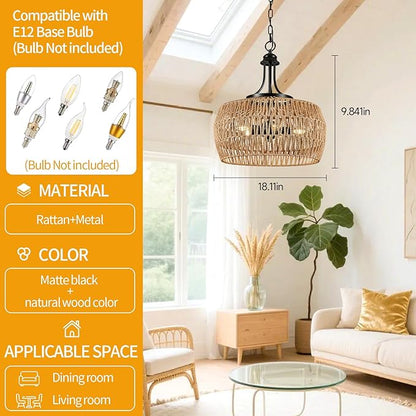18“ Large Rattan Light Fixture, Rattan Chandeliers for Dining Room, 5-Light Boho Fixture with Twine Making Lampshade, Adjustable Height, Chandelier for Kitchen, Bedroom(Brown)