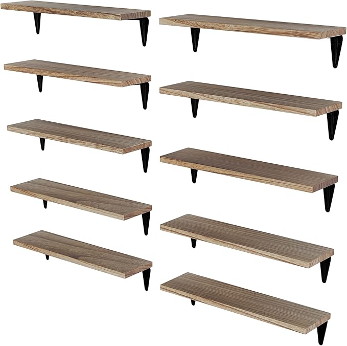 Wallniture Arras Wood Floating Shelves for Wall Storage, Small Bookshelf, Hanging Book Shelves for Living Room, Bedroom, Office, Burnt Finish, Set of 10 (Burnt)